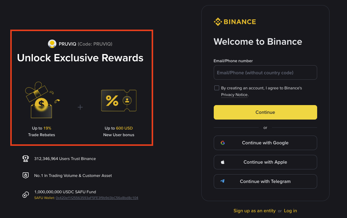 Binance signup page showing PRUVIQ referral rewards: up to 19% trade rebates and up to $600 new user bonus